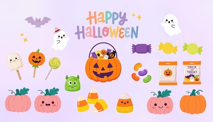 Fototapeta premium Cute Halloween celebration elements vector illustration set with spooky ghosts and pumpkins
