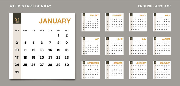 2027 Calendar Planner Set Template, 12 Square Monthly Pages in English language. Vector grid layout of gold black wall, desk organizer calendar for corporate or personal use ready print. Start Sunday.