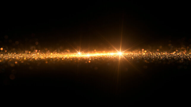 Golden Glitter and Sparkle Light Flares on Black Background