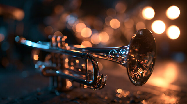 Close-Up of Trumpet on Stage with Bokeh Background