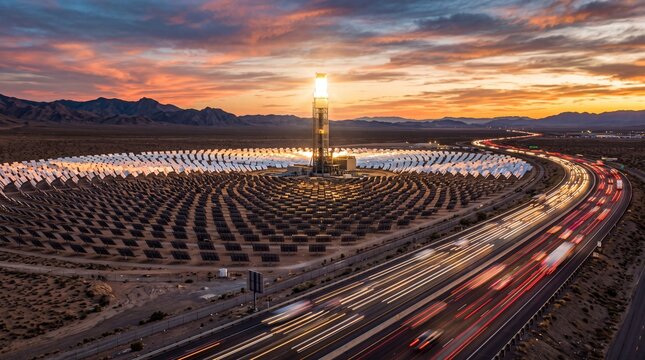 Solar Thermal Power Plant in Desert at Sunset