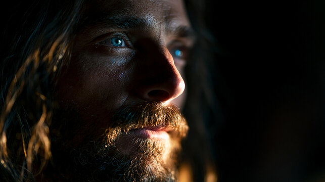 Dramatic Cinematic Portrait of Bearded Man with Intense Gaze