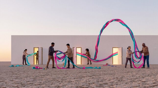 Diverse Group Connecting Long Colorful Ribbons Outdoors