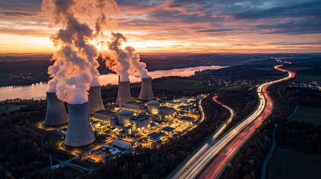 Nuclear Power Plant and Highway at Sunset Aerial View