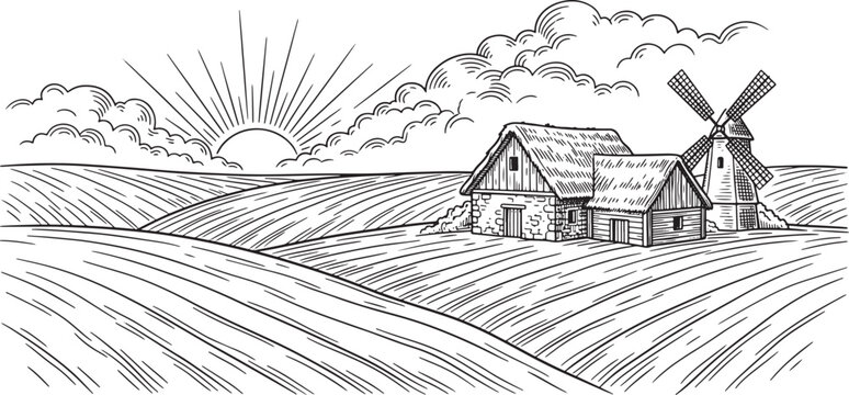 Hand drawn farm landscape with a windmill and rustic house at sunrise in a vintage sketch style