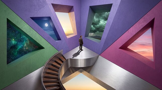 Businessman Choosing Future Direction Facing Windows with Different Skies
