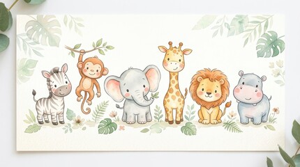 Naklejka premium Cute Watercolor Safari Animals Banner with Baby Lion, Elephant, Giraffe, Zebra, Monkey and Hippo for Nursery Decor