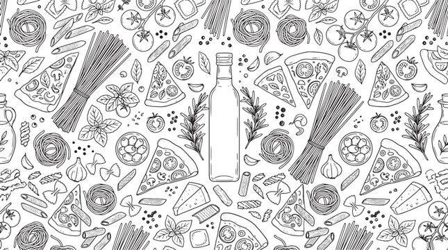 Hand drawn Italian food pattern with pizza slices pasta and olive oil bottle in black and white sketch style