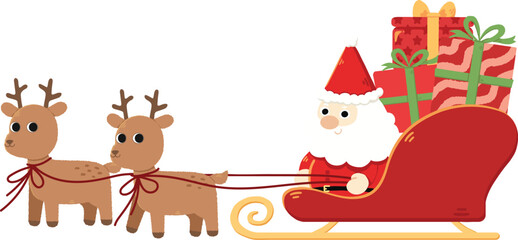 Fototapeta premium Cozy Santa Gift Sleigh shows a cheerful Santa riding in a festive red sleigh filled with wrapped presents and holiday packages
