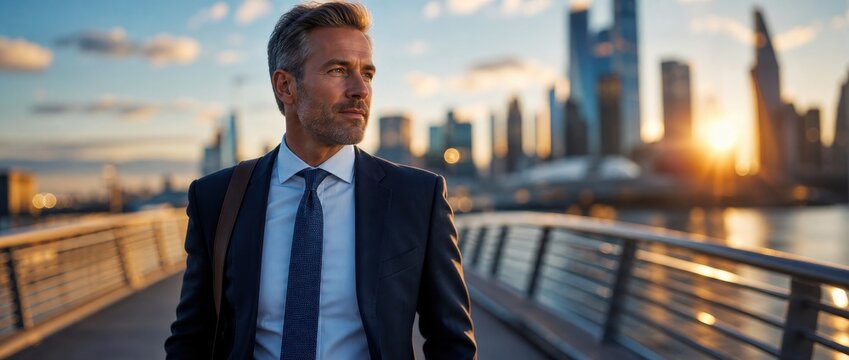 Executive Leadership: Businessman walking across a bridge with city skyline at sunset 