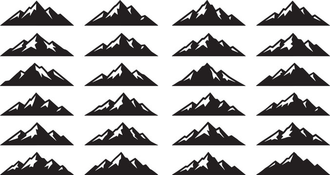 Set of twenty four black mountain silhouettes with snowy peaks for outdoor adventure and travel logo design