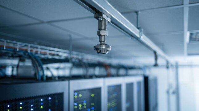 Data Center Protection: Fire suppression system with ceiling nozzles protecting critical equipment