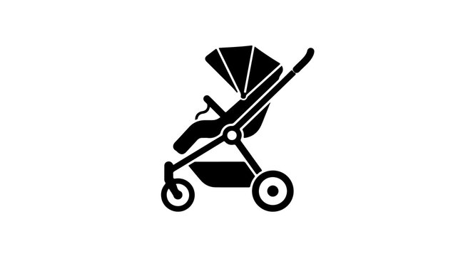 Minimalist baby stroller icon, black silhouette of modern infant carriage, simple pram symbol for parenting and childcare apps