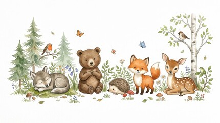 Naklejka premium Watercolor Woodland Animals Illustration Set with Bear Fox Deer Wolf and Hedgehog in Forest Setting for Nursery Decor and Kids Room
