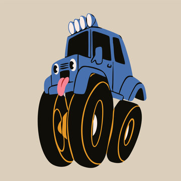Monster truck Car. Cartoon vehicle with eyes, tongue. Cute funny character. Retro comic style. Hand drawn trendy Vector illustration. Isolated design element. Cool sticker, logo, print, poster templat