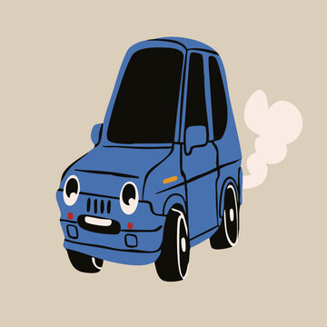 Small blue Car. Cartoon vehicle with eyes. Cute funny character. Retro comic style. Hand drawn trendy Vector illustration. Isolated design element. Cool sticker, logo, print, poster template