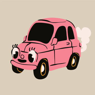 Small pink Car. Cartoon vehicle with eyes, lashes. Cute funny character. Retro comic style. Hand drawn trendy Vector illustration. Isolated design element. Cool sticker, logo, print, poster template