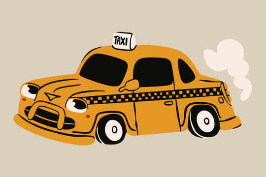 Yellow taxi Car. Cartoon vehicle with eyes. Cute funny character. Retro comic style. Hand drawn trendy Vector illustration. Isolated design element. Cool sticker, logo, print, poster template