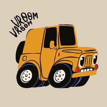 Yellow offroad SUV Car. Cartoon vehicle with eyes. Cute funny character. Retro comic style. Hand drawn trendy Vector illustration. Isolated design element. Cool sticker, logo, print, poster template