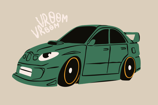 Green race sport Car. Cartoon vehicle with eyes. Cute funny character. Retro comic style. Hand drawn trendy Vector illustration. Isolated design element. Cool sticker, logo, print, poster template