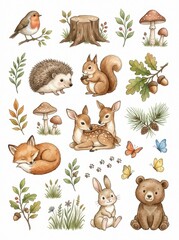 Naklejka premium Watercolor Woodland Animals and Forest Elements Collection - Cute Fox, Deer, Bear, Squirrel, and Hedgehog Illustrations