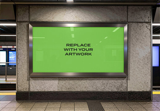Vertical digital display mockup mounted on a concrete wall in subway station, framed screen with placeholder background, realistic advertising presentation public transit environment