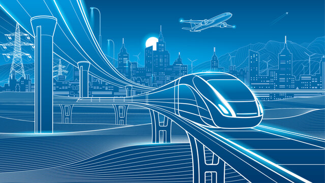 Futuristic high speed train traveling on an elevated railway through a modern city with curved transportation infrastructure, power lines, wind turbines, mountains and airplane