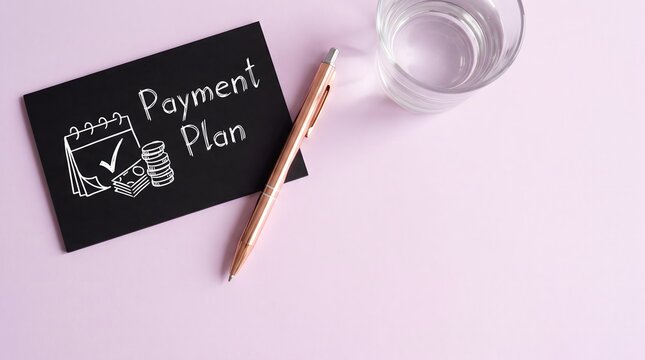 Black notepad reading payment plan with a hand drawn calendar, checkmark, cash and coins, rose gold pen and glass of water on pink background, finance concept.