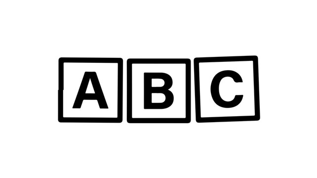 Minimalist ABC alphabet blocks vector, black and white letter cubes for education, simple preschool learning icons on white background