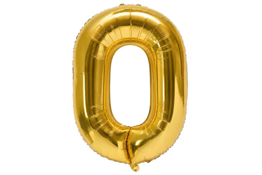 Shiny golden number zero foil balloon, inflated and reflecting light, isolated on a clean white background, perfect for celebrations