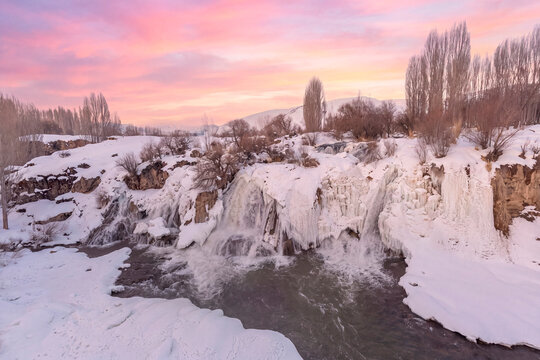 Muradiye Waterfall winter view in Van Province of Turkey