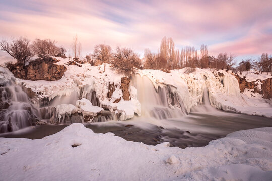 Muradiye Waterfall winter view in Van Province of Turkey