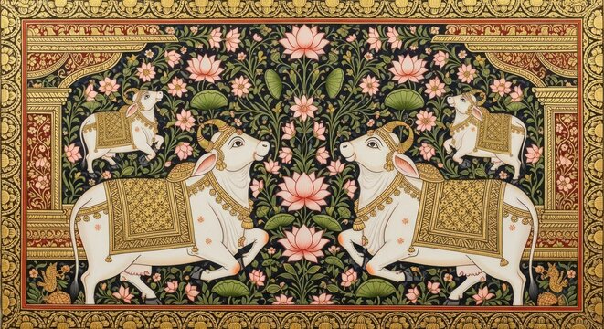 Intricate Indian Miniature Painting of Sacred Cows Amidst Floral Archway.