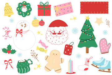 Naklejka premium Christmas Holiday Elements Collection with Santa Tree Gifts and Decorations