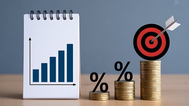 Business growth concept with rising chart, stacked coins, percentage symbols, and target