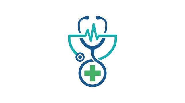 Healthcare and telemedicine vector logo featuring a stethoscope, heart rate pulse line and medical cross symbol for clinical care and digital health services