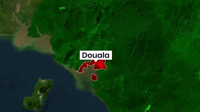 Cameroon aerial map showing Douala city highlighted in red motion footage