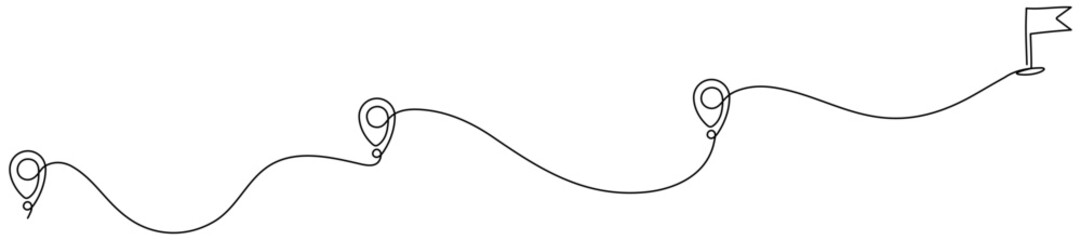 Fototapeta premium Destination concept with line pin mark and flag. Continuous line winding route path. Vector illustration isolated on white.