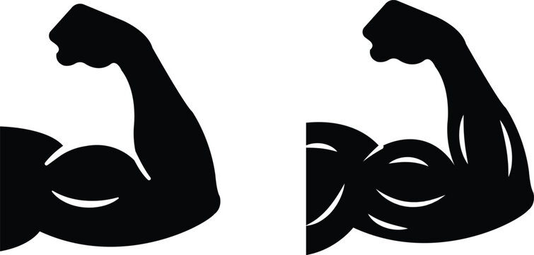 Muscular arm set, collection and group of strong biceps fitness bodybuilding strength workout muscle flexing icons in black flat and line style isolated on transparent background