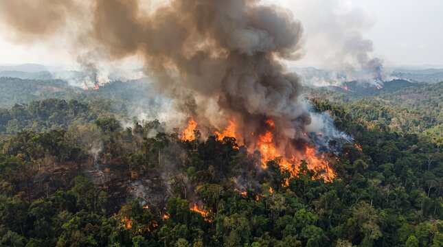 Aerial drone photography of a massive forest wildfire