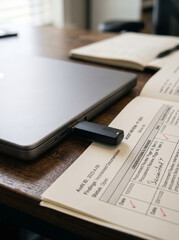 Obraz premium USB Flash Drive Plugged Into Laptop Beside Business Documents