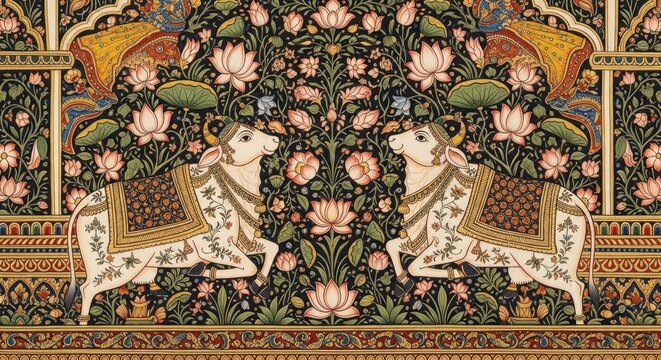 Intricate Indian Miniature Painting of Sacred Cows Amidst Floral Motifs.