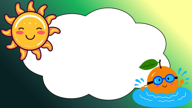 Cartoon summer background with smiling sun and orange character. Cute sunny day cloud frame for text. Vibrant tropical vacation banner.