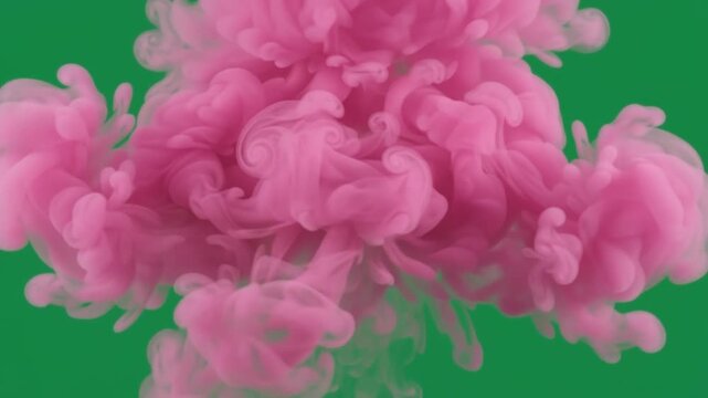 Vibrant pink pigment billowing through emerald liquid creates mesmerizing swirling patterns and organic shapes during a dynamic chemical reaction captured in high definition across the display