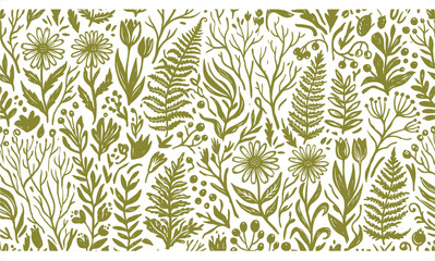 Vintage botanical seamless pattern, olive green floral wallpaper, hand drawn meadow flowers and fern leaves EPS background for textile design © Graphic Seller