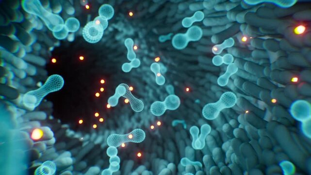 Microscopic probiotics bacteria for digestive health and treatment. 3d rendering.