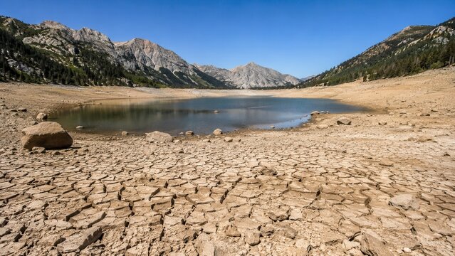 Severe drought exposing cracked lakebed and shrinking mountain reservoir under extreme summer climate conditions