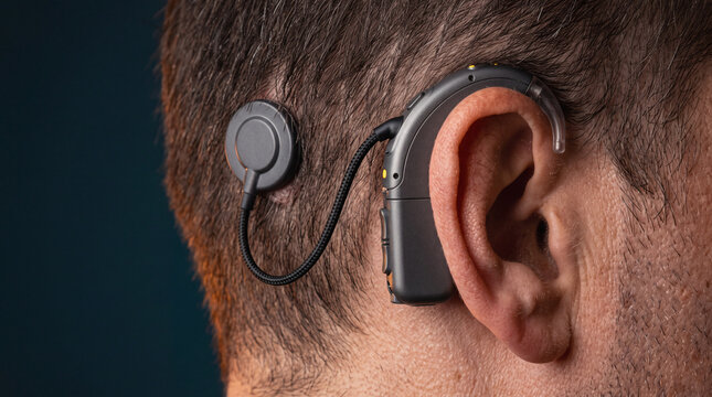 Cochlear implant processor and transmitter coil worn behind the ear of a man
