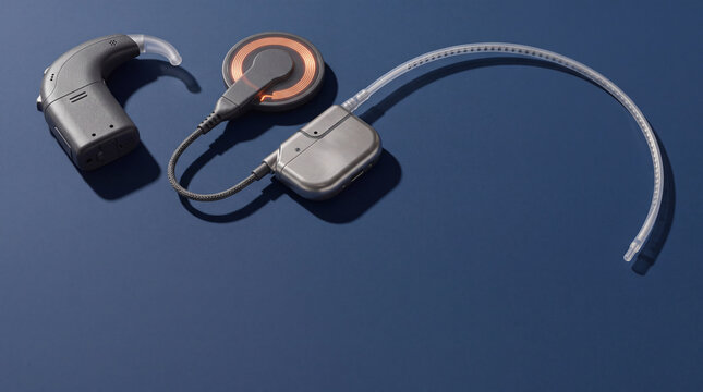 Cochlear implant system components showing speech processor and transmitter on blue background