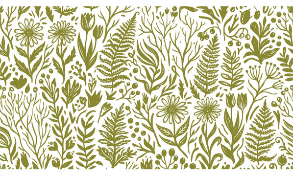 Vintage botanical seamless pattern, olive green floral wallpaper, hand drawn meadow flowers and fern leaves EPS background for textile design